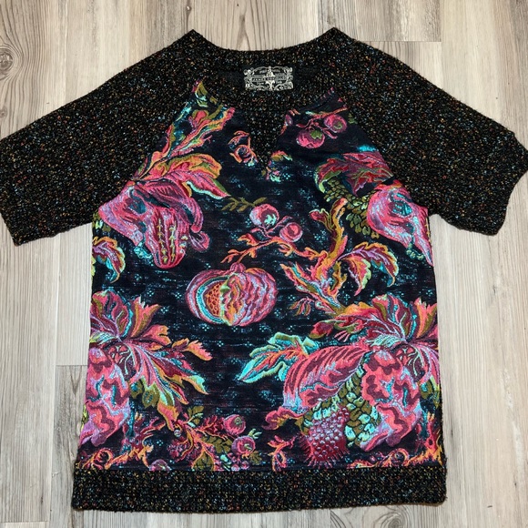 ANTHROPOLOGIE James Coviello Black Floral Metallic Brocade Knit Top - Picture 2 of 9